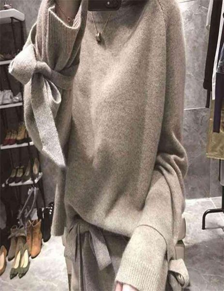 

winter cashmere knitted two piece set bow long sleeve pullover sweater elastic wiast tracksuits pants suit 2105209982129, White