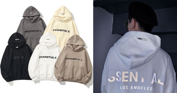 

essen american style sweater for men in autumn and winter, plush and thick hooded pure cotton fog hoodie with black and white limited reflec