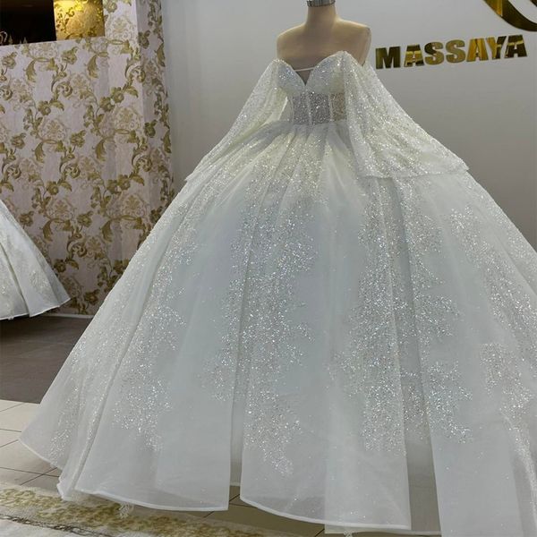 

luxury shiny v-neck long sleeves a-line sparkly wedding dress delicate applique lace beading princess bridal gown robe de mariage, White