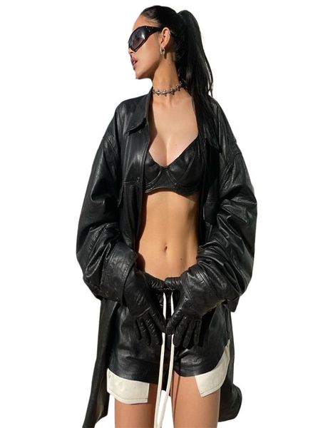 

women faux leather shorts pocket patchwork side slit club booty shorts pu drawstring pants7388463, White;black