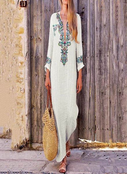 

women boho long maxi dress national style floral print summer cotton linen party beach sundress elegante dresses plus size 3xl2815826, Black;gray