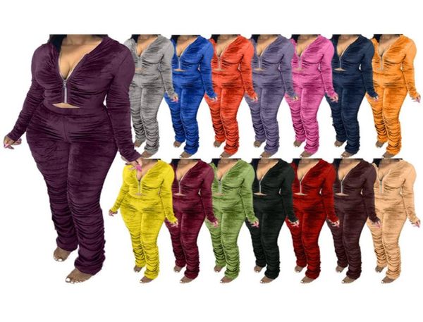 

women twopiece pants set hoodies pleated soild color zipper long sleeve autumn and winter fashion clothing casual sports tra44576537, White