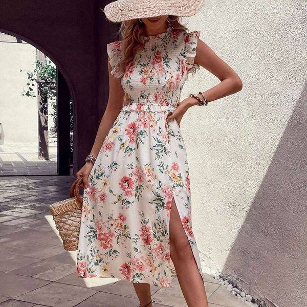 

split skirt summer womens sleeveless print dress, Black;gray