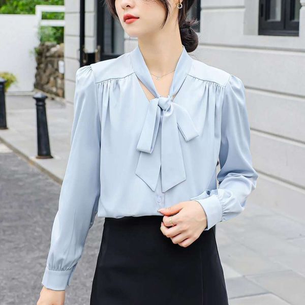

french lace shirt blue womens spring and autumn satin blouse, White