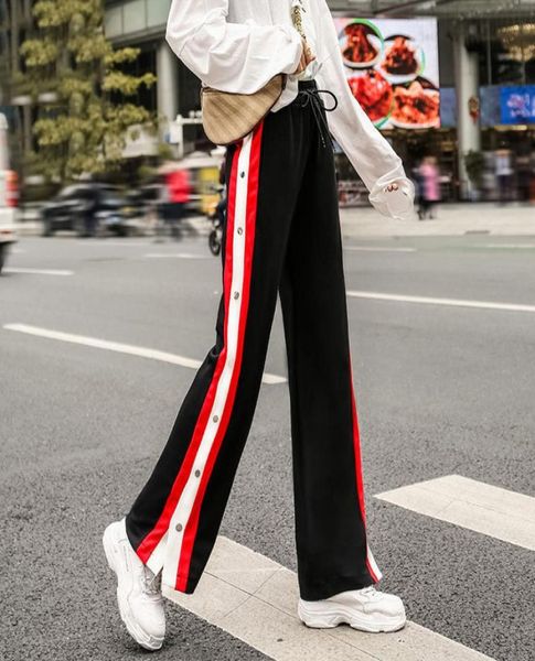 

heydress spring women split wide leg pant elastic high waist side stripe long trouser spring casual clothing 2104268005691, Black;white