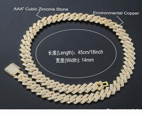 

14mm iced cuban link prong chain necklace 14k white gold plated 2 row diamond cubic zirconia jewelry 16inch24inch cuban chain4074406, Silver