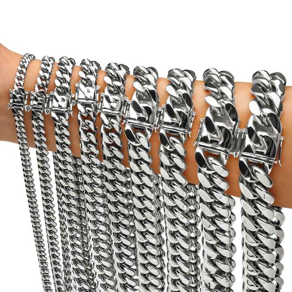 

316l stainless steel miami cuban link chain necklaces bracelets hip hop high polished original steel cast punk jewelry sets choker chains fo, Silver