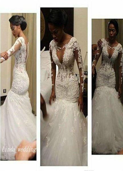 

2019 illusion jewel neck long sleeves wedding dress vintage mermaid button back garden bridal gown plus size custom made7444206, White