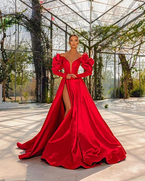 

red a line prom dresses long for women off shoulder long sleeves draped high side split evening party birthday pageant gowns formal wear spe, Black
