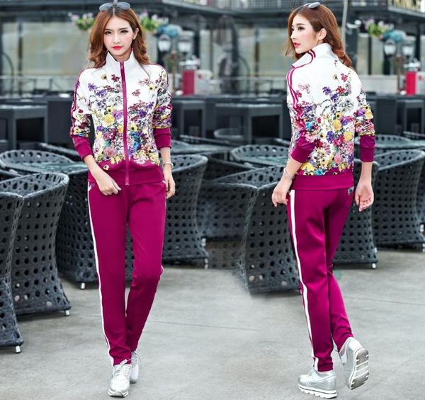 

women039s two piece pants 6xl women sport suit sportswear spring autumn casual jogger running workout outfit set flower print j8243511, White