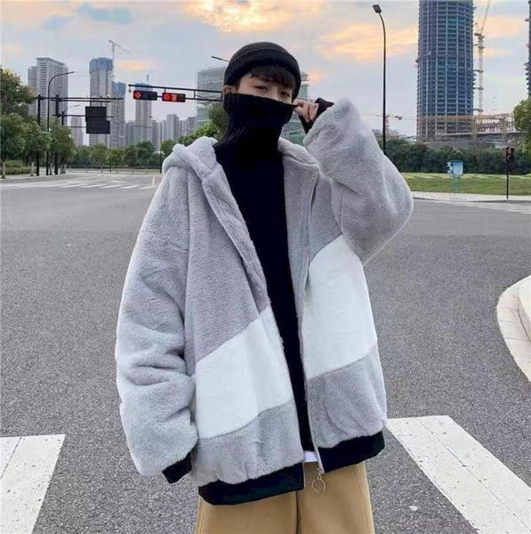 

women039s jackets winter men jacket warm plush casual loose hooded coat mixed color patchwork outwear faux fur zipper ladies pa3210629, Black;brown