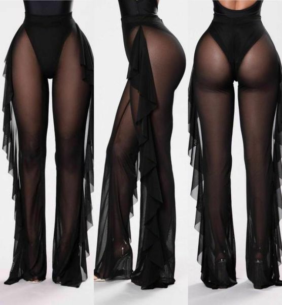 

women039s leggings ruffle women beach mesh pants sheer wide leg transparent see through sea holiday cover up bikini trouse9255991, Black