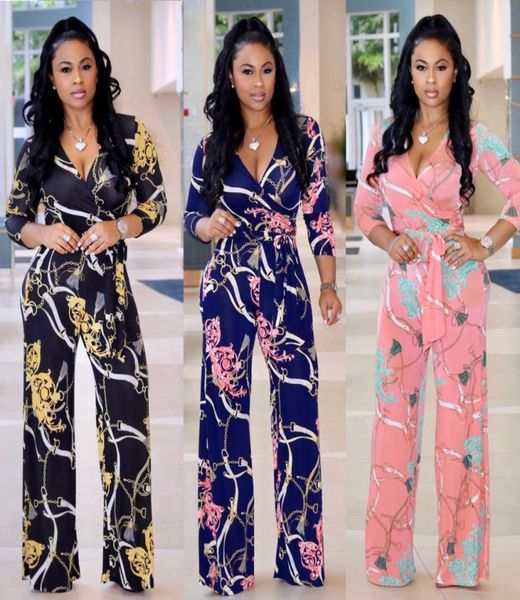 

2019 deep vneck personality irregular ruffled jumpsuit fashion print straps jumpsuit including belt 91445100515, Black;white