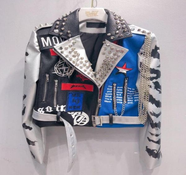 

leather jacket women graffiti colorful print rivet biker jackets and coats punk streetwear ladies short jacekt outerwear clothes w5083115, Black