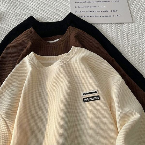 

men's hoodies sweatshirts waffle o neck short sleeve t shirt american oversize heavyweight hip hop tees hong kong style patch design ha, Black