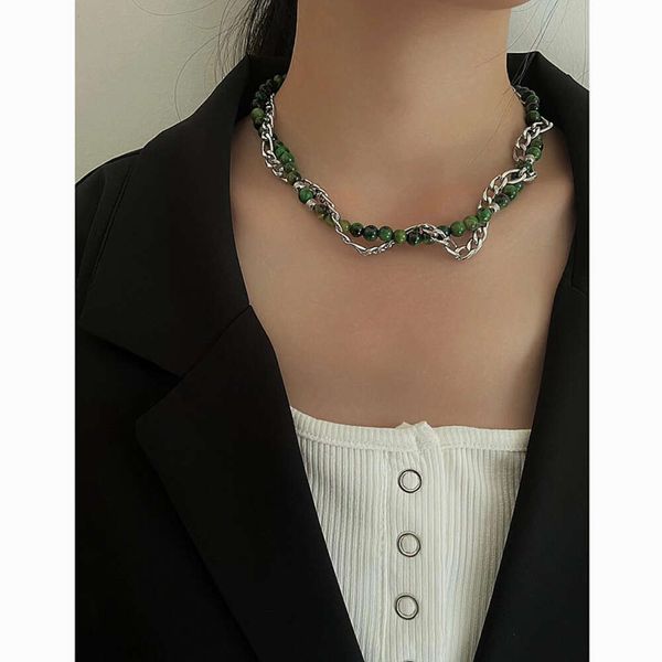 

designer's niche natural stone necklace cuban chain wrapped double layer hip-hop color resistant neck chain, niche design, trendy, Silver