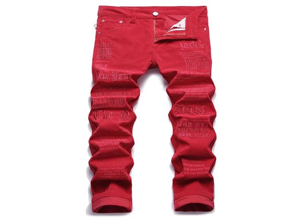 

red corduroy letter embroidered jeans slim fit stretch men039s casual pants autumn winter denim trousers fashion streetwear man4528545, Blue