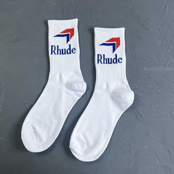 

new 22ss spring and summer rhude red and blue arrow letters cotton trend sports medium socks men and women's ins fashion socks, Black
