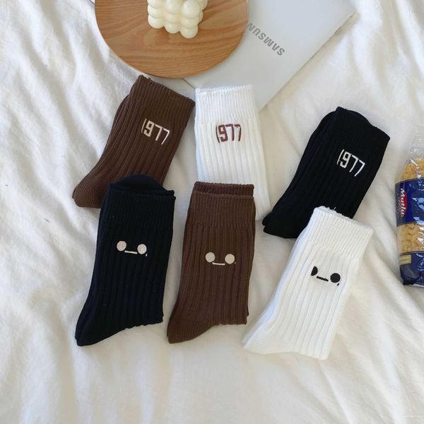 

socks for men and women cute smiley faces 1977 trend medium tube socks simple and fashionable casual and versatile style, Black