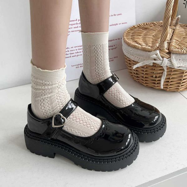 

women pumps mary jane chunky heel platform heart buckle shallow lace female sandals round toe lolita sweet fashion ladies shoes 230807, Black