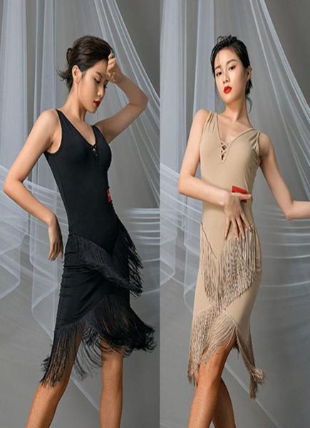 

2020 new black sleeveless tassel latin dance dress and skirt dancing performance women dress ballroom samba tango l96336396534, Black;red