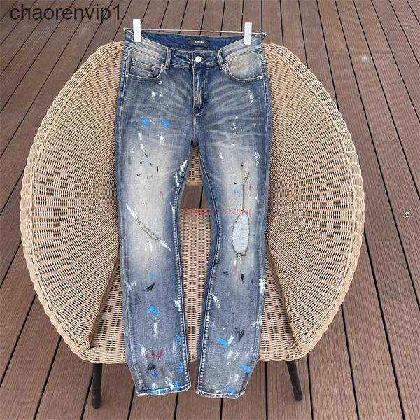 

designer clothing amires jeans denim pants amies tide brand paint splashing ink washing water blue old damaged palace flower slim fit small