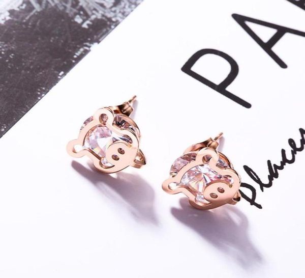 

stud fashion jewelry accessories cartoon pig set zircon titanium steel earrings rose gold allergy earrings whole3880726, Golden;silver