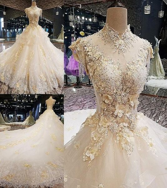 

new arrival high neck gorgeous lace ball gown wedding dresses beaded collar ruffles handmade flowers long train laceup bridals go6758500, White