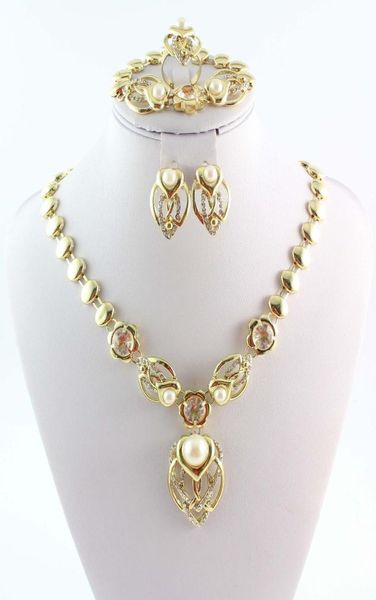 

new fashion african costume jewelry set wedding jewelry gold plated clear crystal pearl necklace set2695958, Black