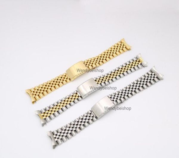 

19mm 20mm new 316l stainless steel gold two tone watch band strap old style jubilee bracelet curved end deployment clasp buckle3137131, Black;brown