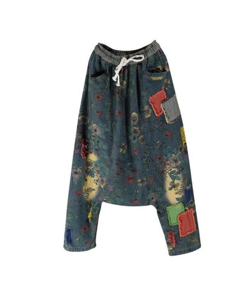 

women039s jeans fashion casual elastic waist baggy denim pants women hiphop drop crotch harem boyfriend printed flower trouser8718636, Blue