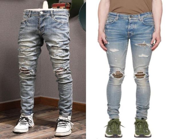 

stitch detail plaid fade motocycle jeans for man slim fit high street denim pants7088318, Blue