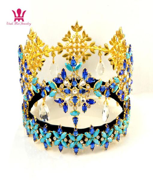 

miss world pageant crowns global full round dangle pendant crystal austrian rhinestone blue colour mixing hairdress tiaras high gr1402896, White;golden