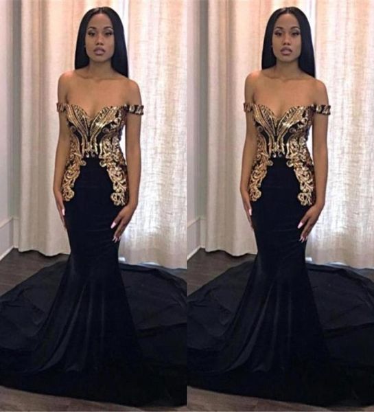 

black mermaid prom party dresses 2019 with gold appliques elegant off shoulder long african custom evening gowns9415961