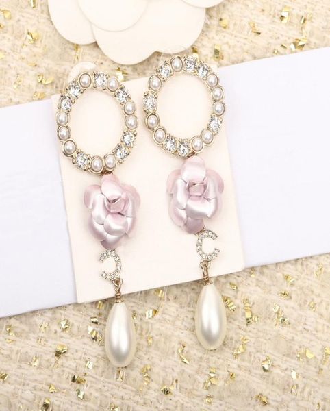 

2023 luxury quality charm drop earring with diamond and nature shell beads flower deisgn in pink color have box stamp ps7961a8874685, Golden