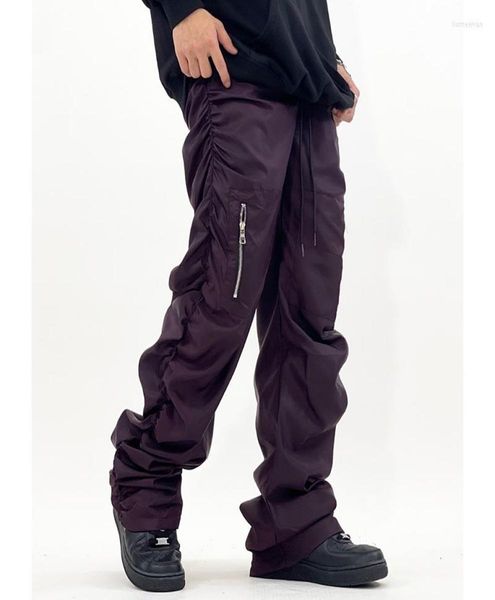 

men039s pants high street multipockets ruched solid color mens cargos retro pleated straight casual loose drawstring baggy tro8536140, Black