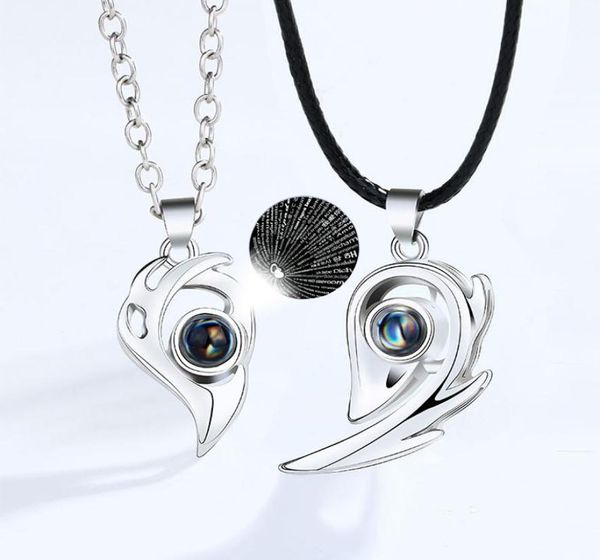 

pendant necklaces 2pcs magnetic heart couple 100 languages i love you projection necklace for women men fashion jewelry7814296, Silver