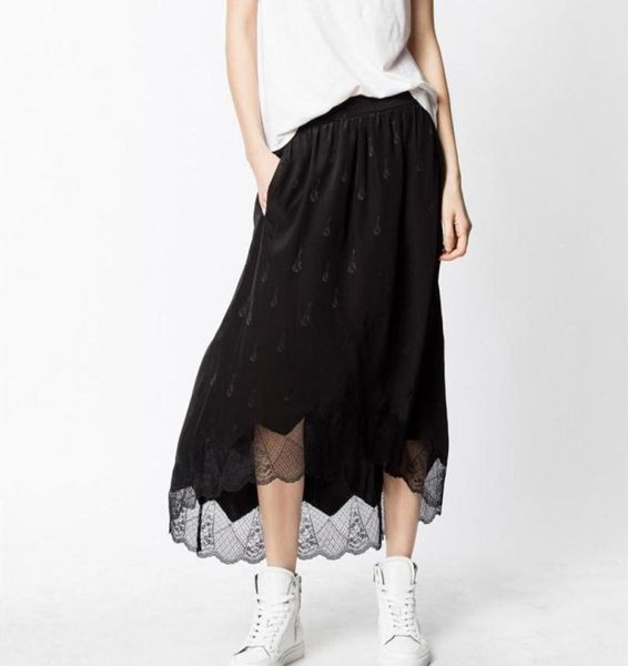 

spring summer women irregular silk skirt lace hem violin jacquard elastic waist female midi jupe ladies long skirts5726563, Black