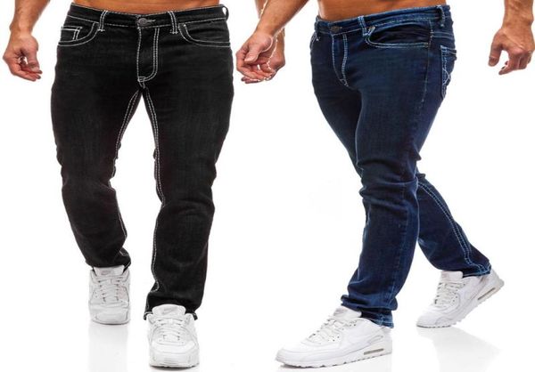 

men casual jeans spring autumn fashion washed zipper stretch slim straight simple solid denim pants trousers2397581, Blue