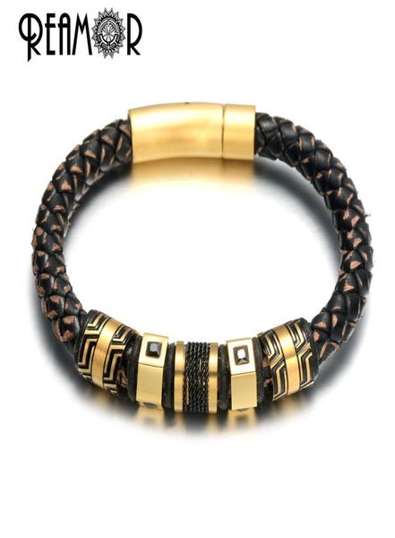 

reamor luxury stainless steel black zircon gold beads charm bracelets for men handmade genuine leather braided bangle jewelry 21033227797, Golden;silver