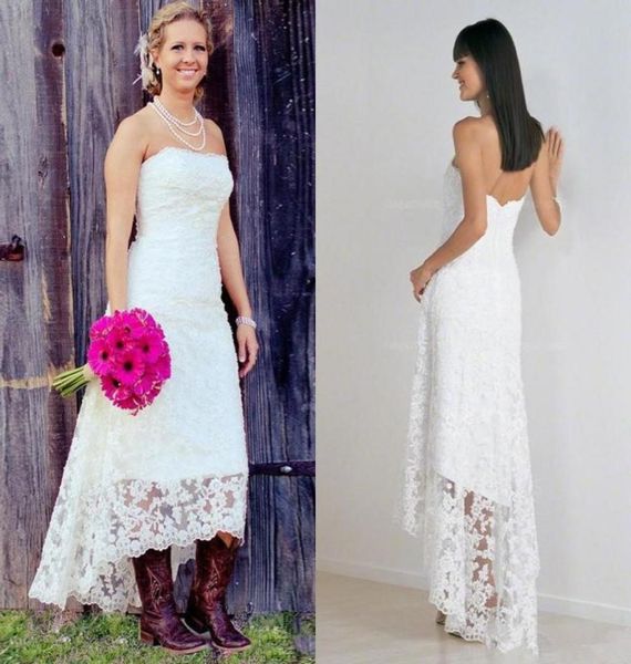 

fashionable high low wedding dresses vintage lace strapless garden cowgirl country lace short beach wedding bridal gowns5776132, White