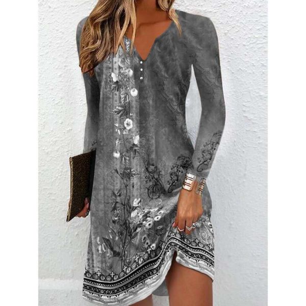 

autumn long sleeve v neck dress with irregular button buttons, Black;gray