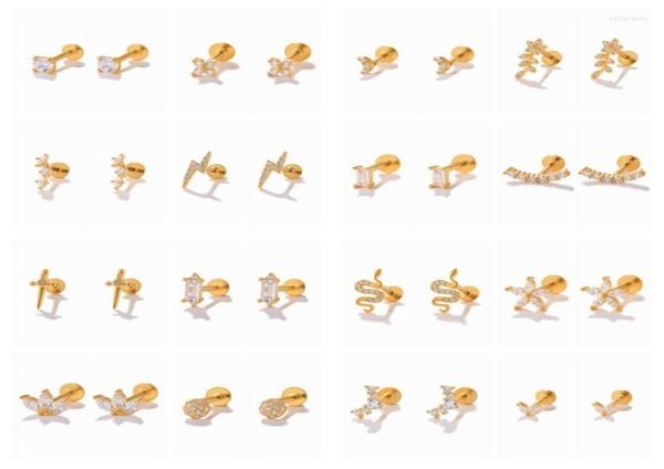 

stud earrings canner 2pcs cubic zirconia flat back piercing cartilage 925 sterling silver for women labret lip earring jewelry3279795, Golden;silver
