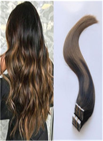 

40pcs 100g balayage ombre tape hair extensions sombre brown with caramel blonde highlighted 26 thick end remy human hair3807755, Black