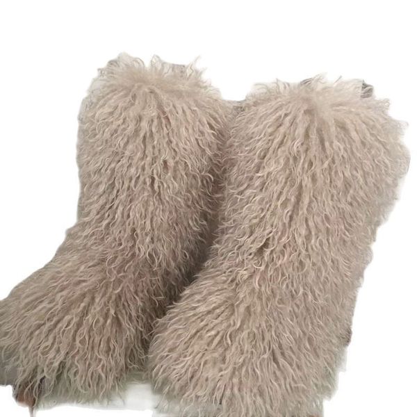 

boots fashion winter lamb skin boots long hair faux mongolian sheep fur boots cover 230809, Black