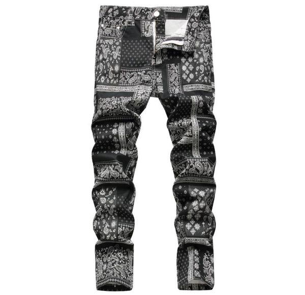 

men039s jeans men paisley bandanna printed fashion 3d digital painted stretch denim pants slim straight black trousers6365831, Blue
