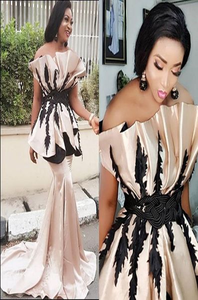 

ruched mermaid prom dresses charming off shoulder black appliques sleeveless party dress fashion south african celebrity even5360289