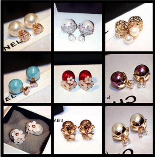 

double sided diamond flower pearl earrings new ins popular fashion designer stud earrings for women girls45919444267547, Golden;silver