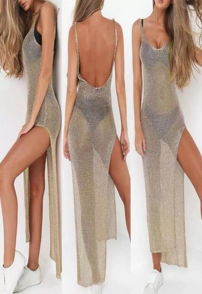 

women summer sunscreen sheer mesh bikini cover up metallic solid color backless high slit beach club party sleeveless dress2724985, Black;gray