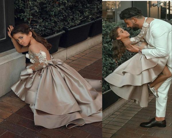 

2021 cute girls pageant dresses princess jewel neck lace appliques beads long sleeves high low kids flower girl dress birthday gow5095654, White;red